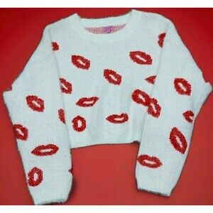 Mi Ami for Francesca’s Lip Print Cropped Sweater Women’s L White Red Fuzzy Y2K